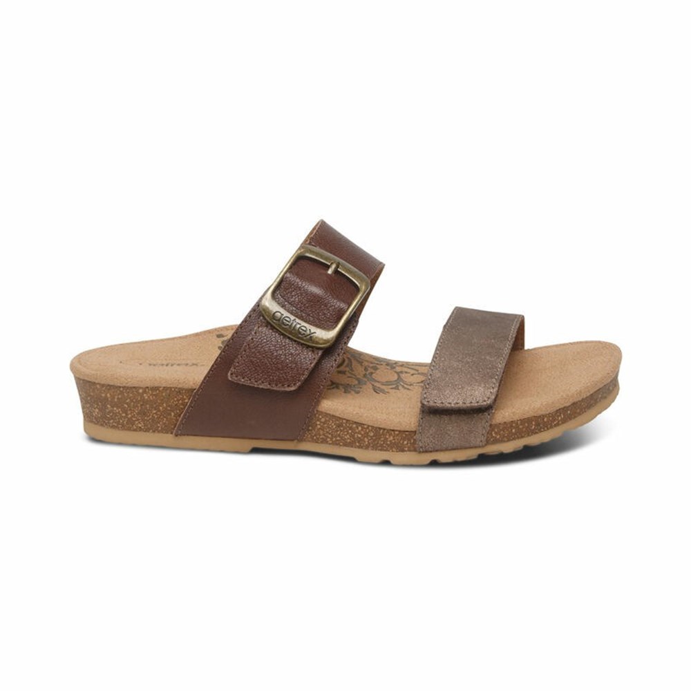 Aetrex Sandals Clearance Canada - Brown Womens Daisy Adjustable Slide